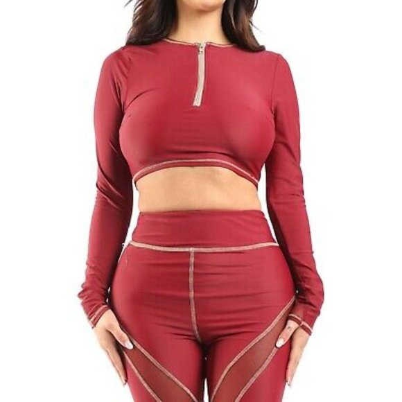 Mesh Contrast Long Sleeve Crop Top with Pants Leggings Outfit 2 Piece Set - Picture 5 of 6